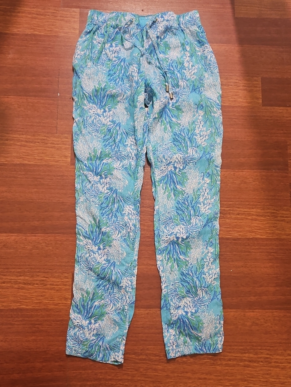 Lilly Pulitzer Taron Linen Pants Las Olas Aqua Strong Current Sea Blue XS